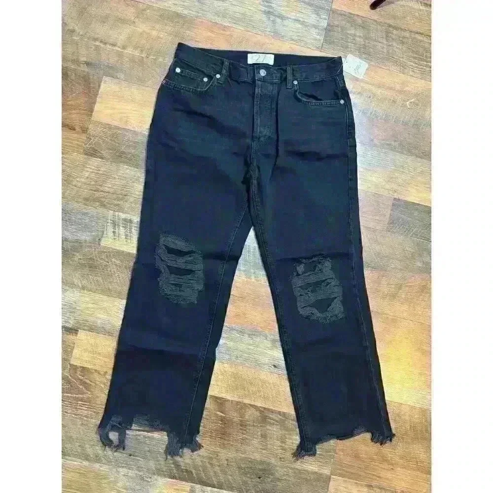 FREE‎ PEOPLE Maggie Mid Rise Straight -Leg Jeans In Washed Black SIZE 27